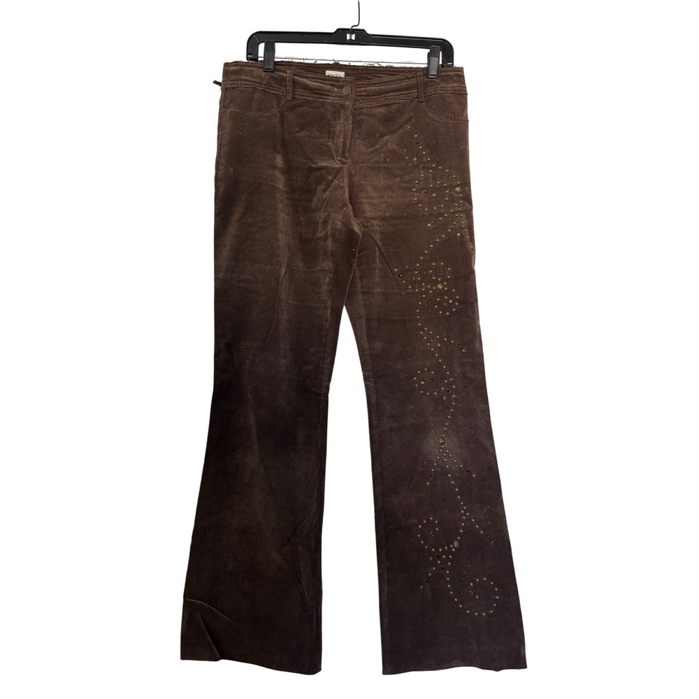 Cache Vintage Brown Corduroy Embellished Flare Pants Studded Y2K Size 8
